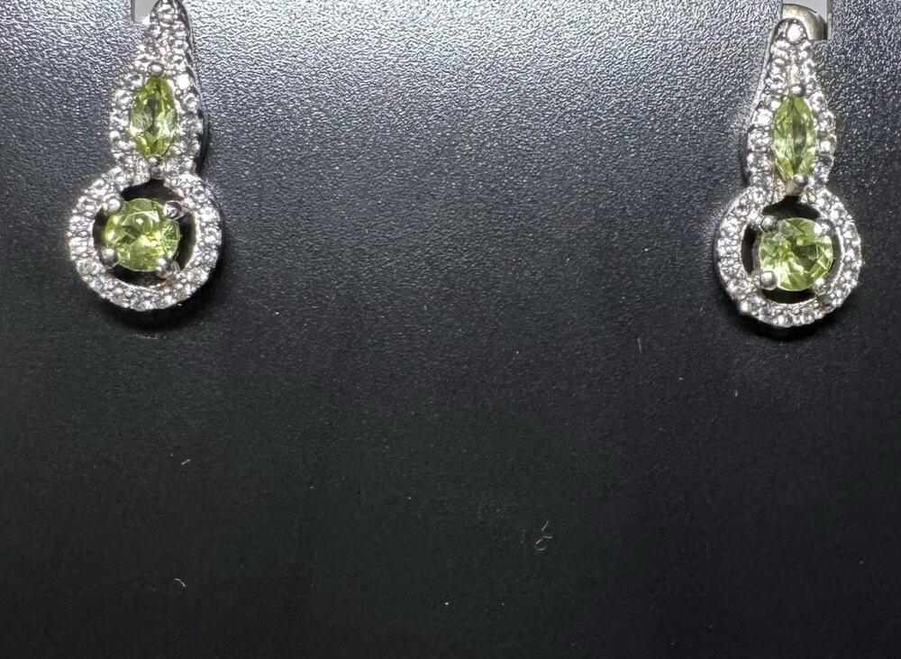 Sterling Silver 925 Peridot & White Topaz Drop Earrings Teardrop Halo